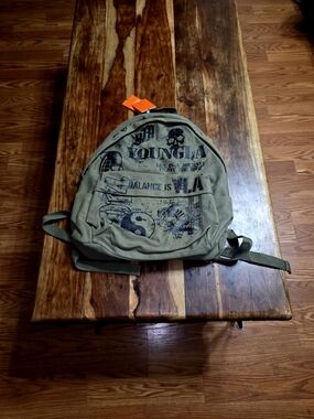 YoungLA Olive Green Graphic Canvas Backpack